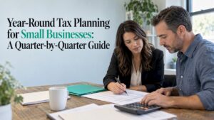 Owner and CPA reviewing quarterly tax figures