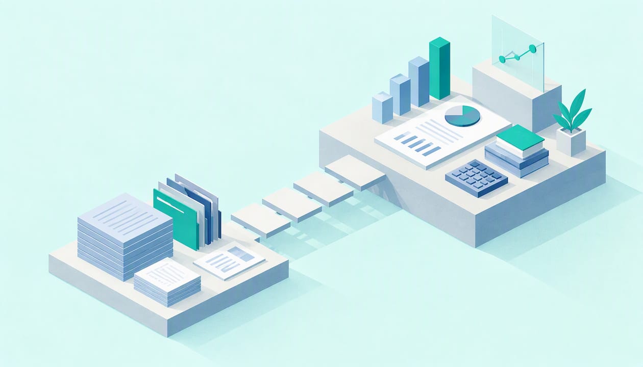Isometric illustration contrasting records and financial oversight