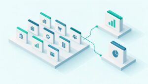 Geometric account cards flowing into summaries